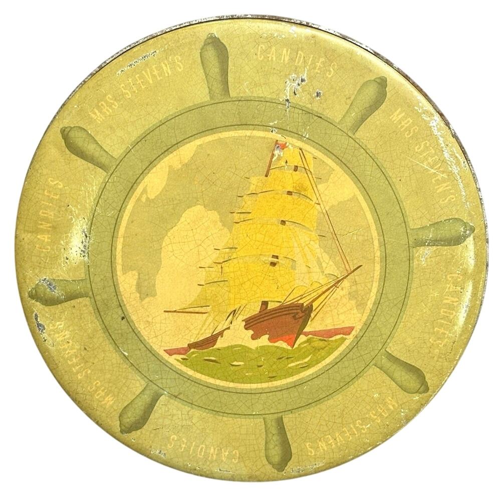 Vintage 1940s candy tin nautical clipper ship Mrs Stevens Chicago 10” coastal